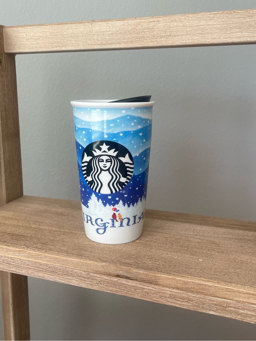 Starbucks Virginia Travel Tumbler 12oz Lid Ceramic Retired 2016 Winter Snow Bird